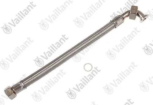 Flexibler Edelstahl-Schlauch mit zwei Anschlussgewinden, passend für Vaillant-Produkte, zur Verbindung und Führung von Wasser.